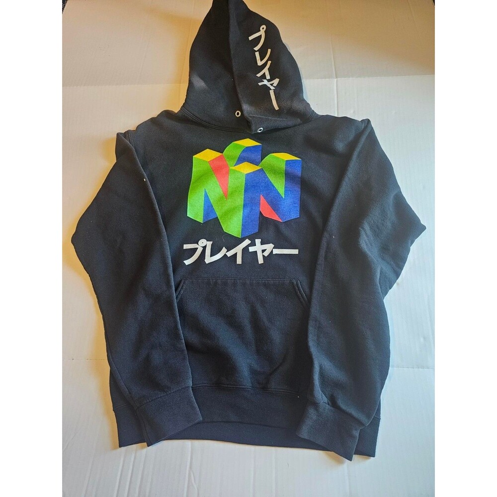Nintendo 64 N64 Player Japanese Logo Black Pullover Hoodie Men's Small Gaming